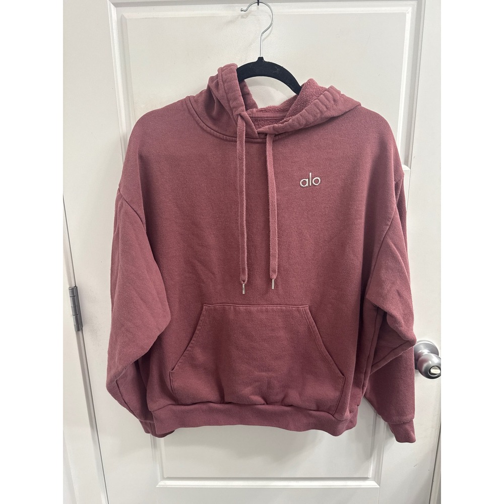 Alo Yoga Accolade Hoodie Mauve Pink Chrome Logo Pullover Sweatshirt Med